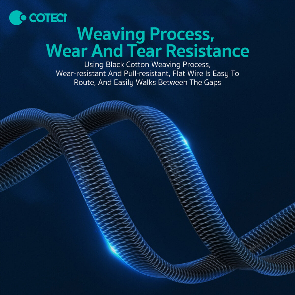 Black woven COTEetCi CTA 8 Class 10 Gigabit Ethernet Cable with wear-resistant and pull-resistant design, ensuring durability and easy routing between gaps.